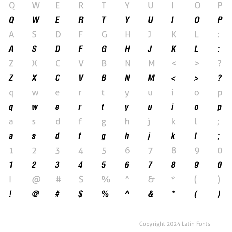 Character Map of AGLettericaCondensed BoldOblique