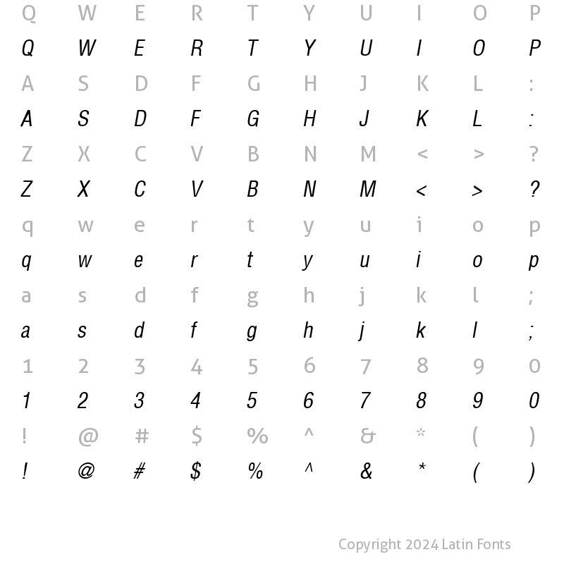 Character Map of AGLettericaCondensed Oblique