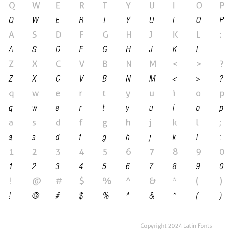 Character Map of AGLettericaCondensedLight Oblique