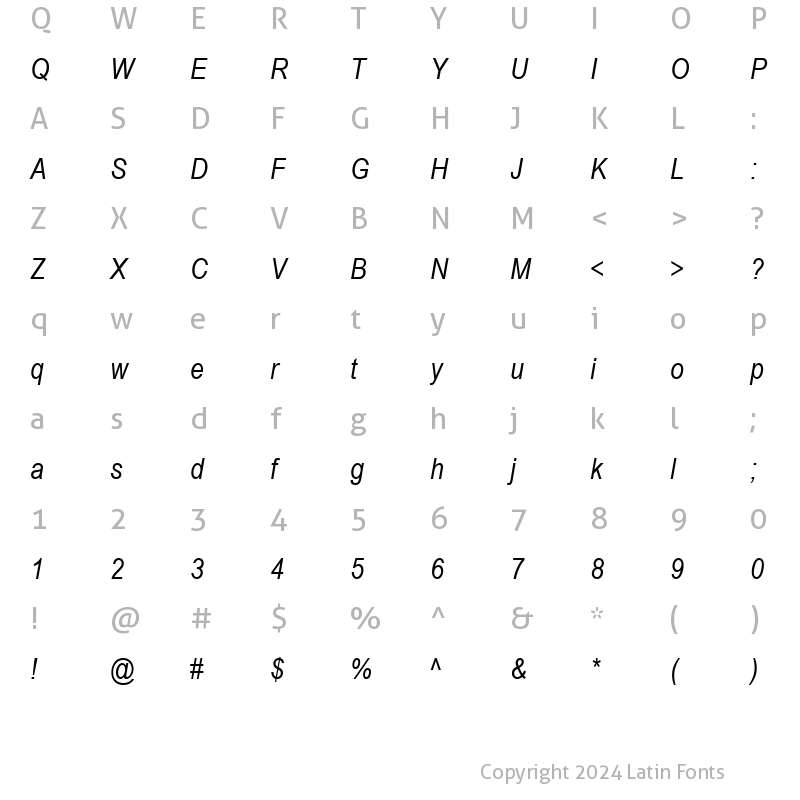 Character Map of Arial Narrow Italic