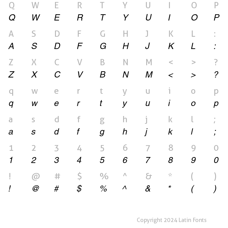 Character Map of Helios Italic