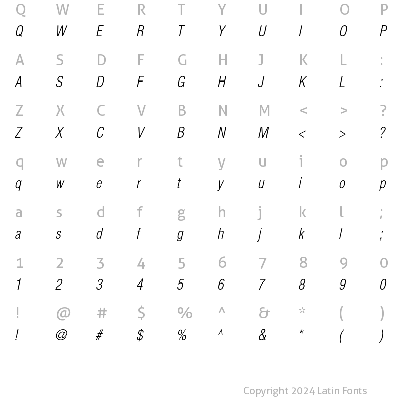 Character Map of HeliosCondLight Italic