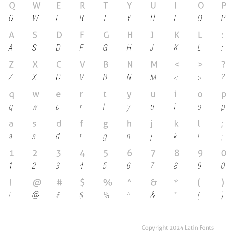 Character Map of HeliosCondThin Italic