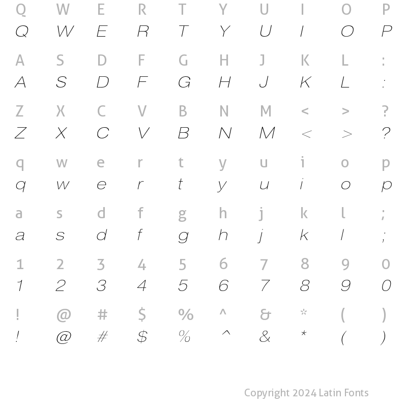 Character Map of HeliosExtThin Italic