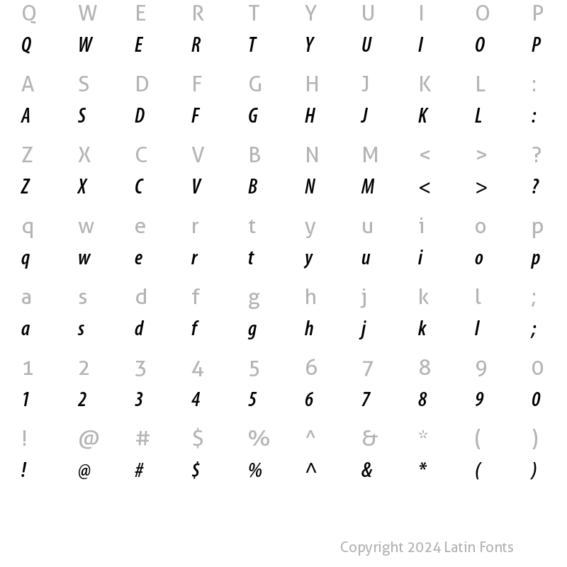 Character Map of Myriad Pro Semibold Condensed Italic