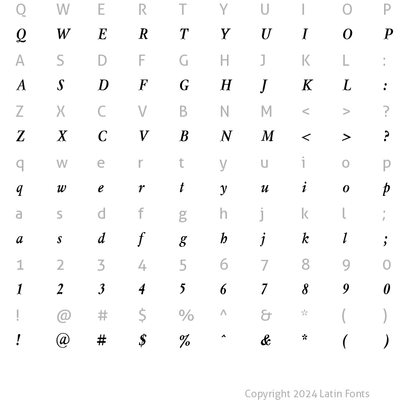 Character Map of MyslNarrowC BoldItalic