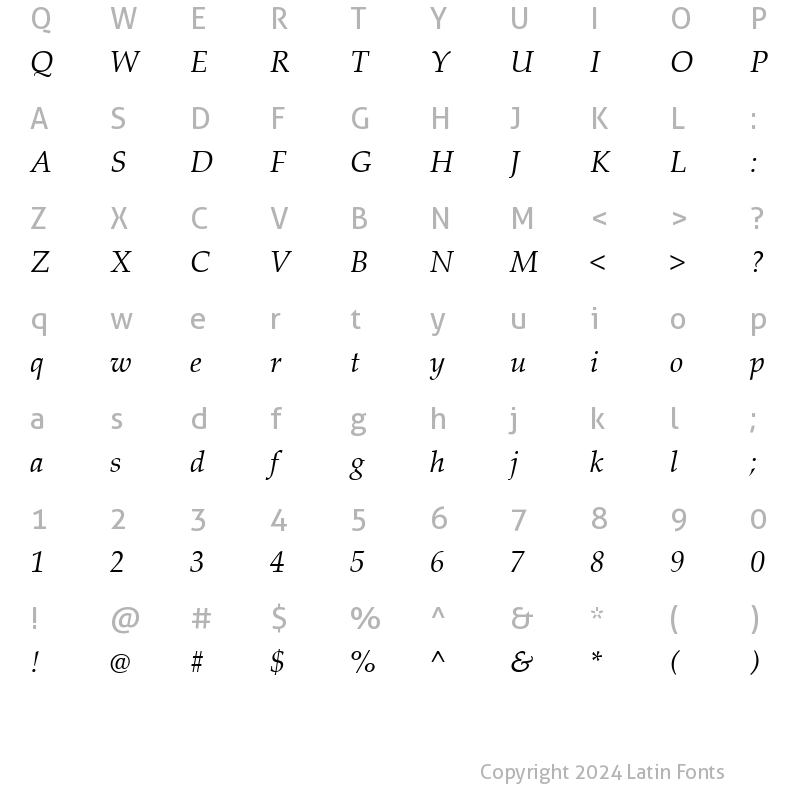 Character Map of Palatino Linotype Italic