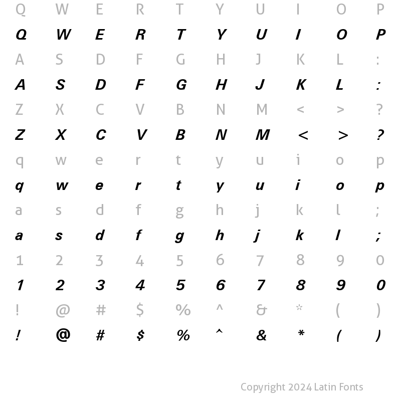 Character Map of Univers Bold Italic