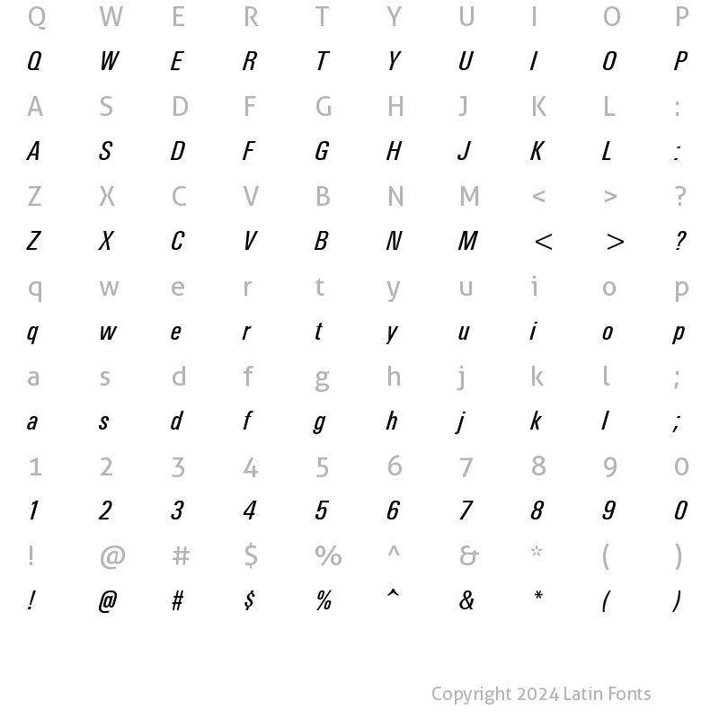 Character Map of Univers Condensed Medium Italic